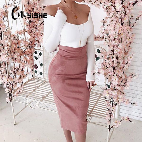 

cnyishe midi high waist suede pencil skirts women autumn fashion bodycon slim women skirt regular office lady bottoms y200910, Black