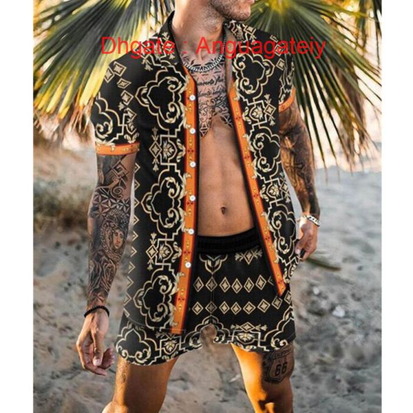 

men's casual fashion shirts luxury men tracksuits hawaiian sets printing short sleeve button shirt summer beach shorts tees streetwear, White;black