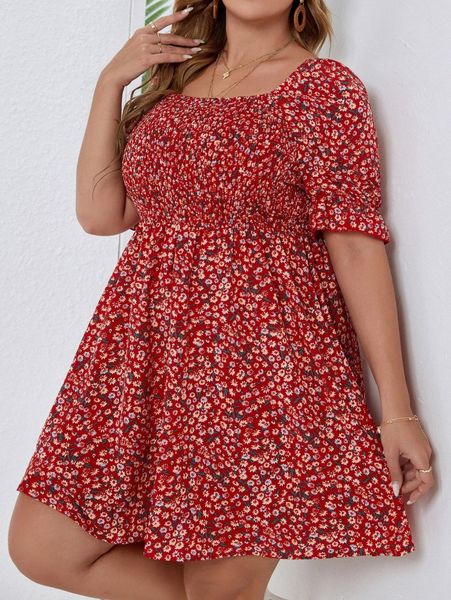 

plus ditsy floral flounce sleeve shirred dress x3r5#, Black