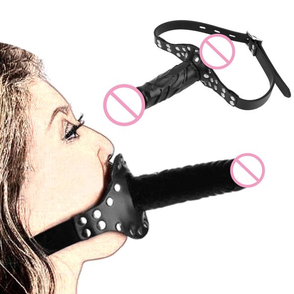 Double-Ended Dildo Gag Bocca aperta Testa Strapon BDSM Bondage Slave Restraint Plug Giocattoli sexy per le donne Addio al nubilato Accessorio