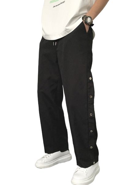 

men button side drawstring waist pants d6mp#, Black