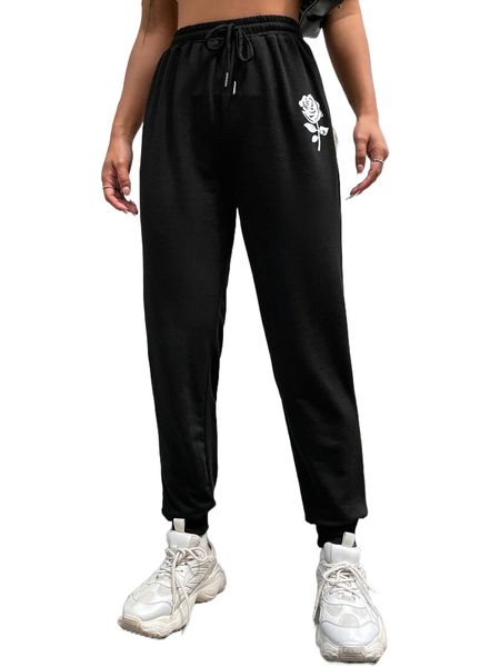

floral print drawstring waist sweatpants z07i#, Black;white