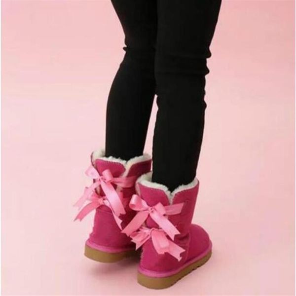 

kids bailey 2 bows boots genuine leather toddlers snow boots solid botas de333c, Black;grey