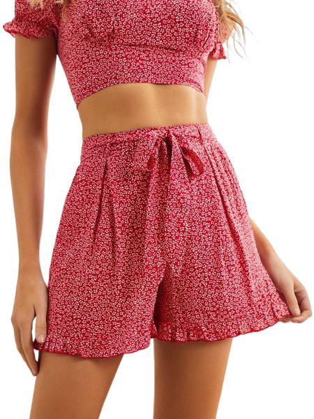 

sbetro belted ruffle hem ditsy floral shorts k7hd#, White;black