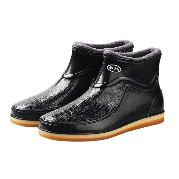 

winter men rain shoes fur ankle boots waterproof rainboots ankle shoes non-slip wear-resisting rain rubber shoes, Black