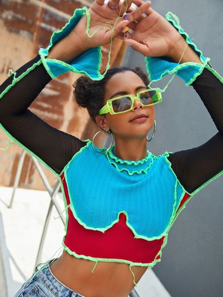 

color block stitching frill trim slim sleeve crop n4cf#, White