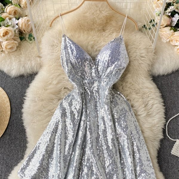 

v-neck strap sleeveless sequins mini dres fashion slim high waist a-line backless bar party dress vestidos 220520, Black;gray