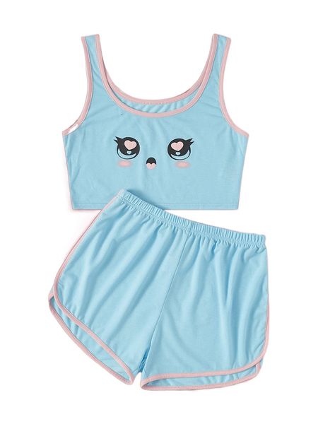 

romwe anime cartoon graphic contrast binding pj set l8r7#, Black;red