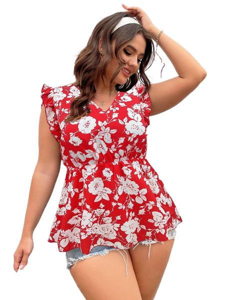 

plus floral print ruffle hem blouse o1vx#, Black