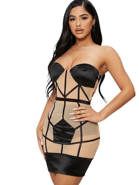 

seam front two tone sheer mesh dress without panty y20b#, Black;gray