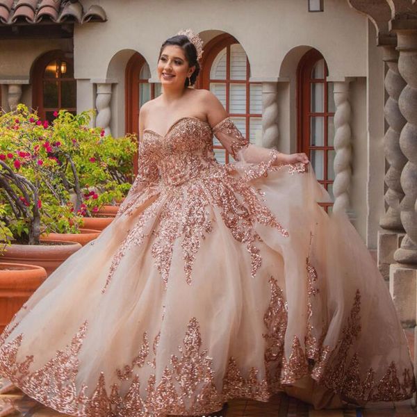 Abiti Quinceanera con paillettes in oro rosa 2022 Sweetheart Bead Plus Size Corsetto Prom Dress Ruffle Ball Gown Luxury Vestido De 15 Anos Sweet 16 Dress Robes Bal ballkleider