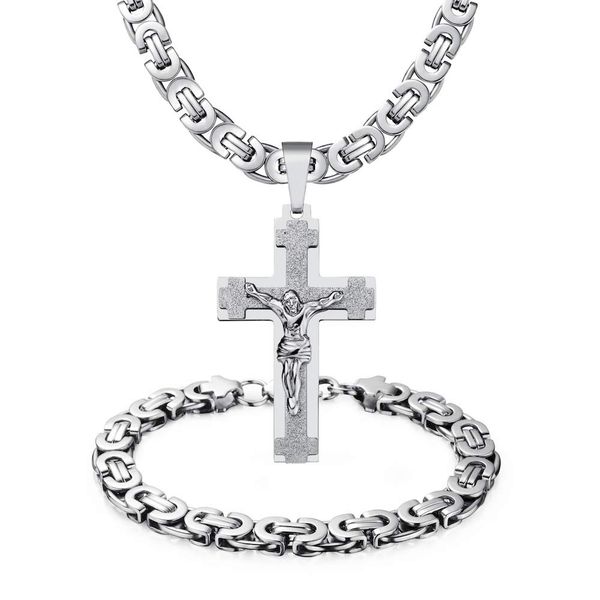 

6mm necklace 22''/24'' chain silver gold jesus cross pendant bracelet set mens stainless steel jewelry