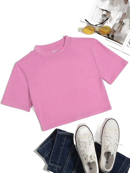 

solid round neck crop tee c35a#, White