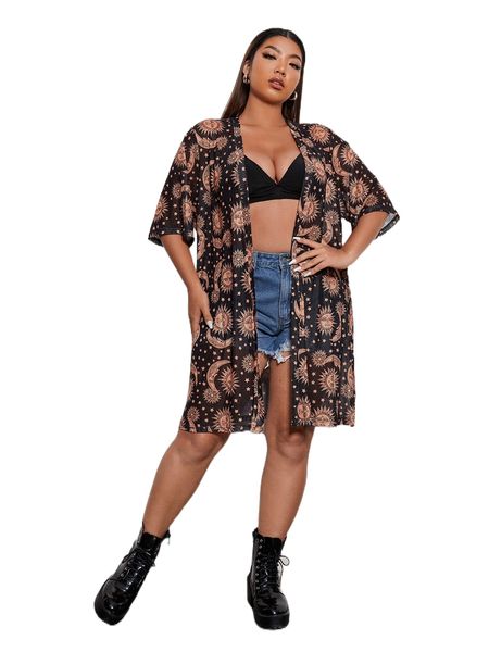 

plus allover galaxy print kimono g5ta#, Black;gray