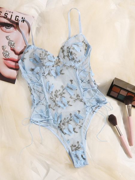 

embroidered mesh lace-up teddy bodysuit s7gj#, Black;red