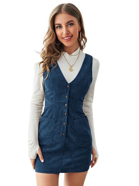 

single breasted patch pocket cord overall dress 29cz#, Black;gray