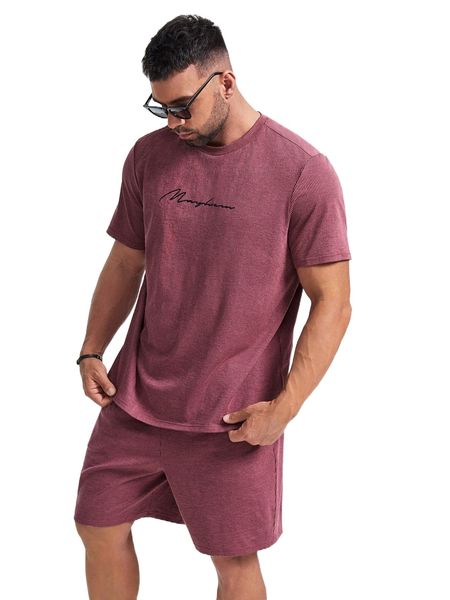 

extended sizes men letter graphic rib knit tee & track shorts l2tw#, Gray