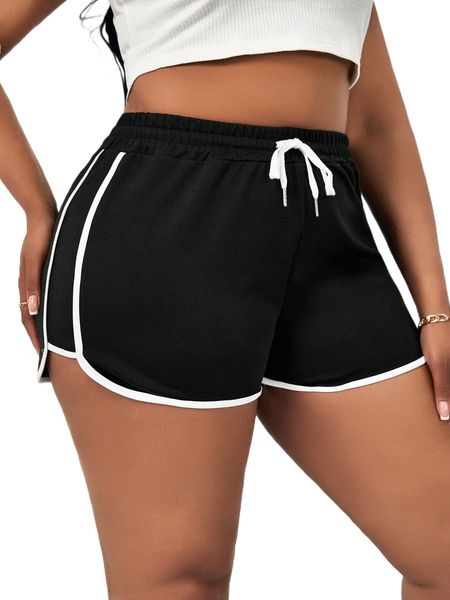 

sxy plus drawstring waist contrast binding shorts o1n5#, Black