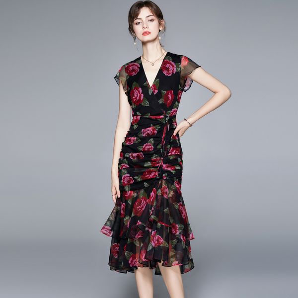 

floral chiffon party cocktail dress short sleeve woman designer summer v-neck black prom skims dress 2022 women clothes runway print tunic s, Black;gray