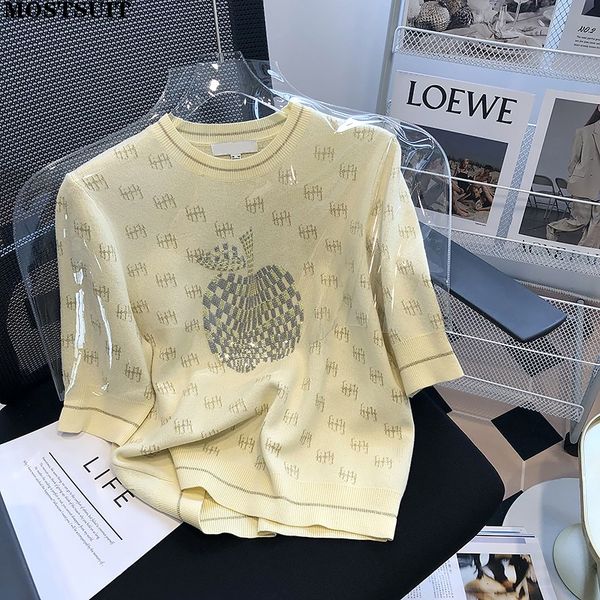 

2022 summer yellow jacquard knitted sweater pullovers short sleeve sweet fashion chic female casual t shirts knitwear, White;black
