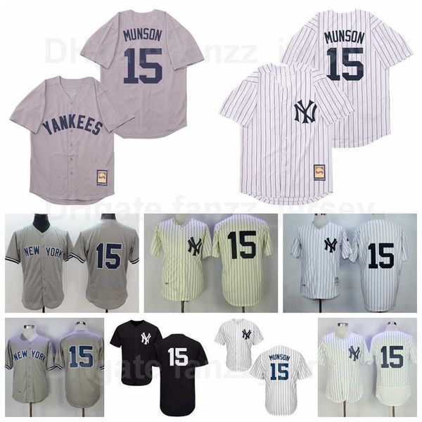 

men vintage 15 thurman munson baseball jerseys retro 1929 1969 retire pinstripe flexbase cool base all stitched cooperstown black white grey, Blue;black