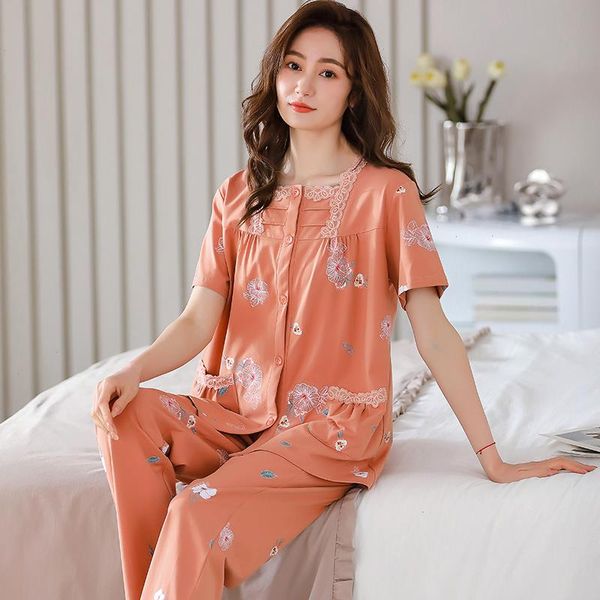 

3xl women pajamas set summer short sleeve sleepwear 100 cotton pyjamas cardigan, Black;red