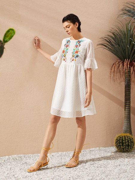 

floral embroidery swiss dot flounce sleeve chiffon dress z0hp#, Black;gray