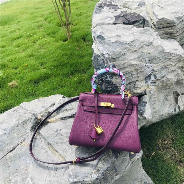 

bag 2021 herme new kellyss bag purple lychee grain head layer cow leather portable one shoulder messenger bag h
