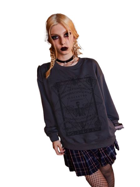 

romwe dark academia letter skeleton graphic sweatshirt d4ri#, Black