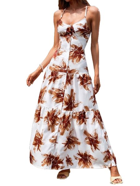 

allover floral print ruffle hem criss cross backless cami dress w7kx#, Black;gray