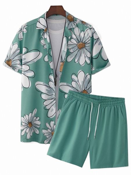 

men random floral print shirt & shorts without tee p0hd#, Gray