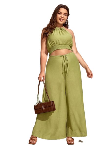 

x roxi plus frill trim shirred halter & wide leg pants set h36o#, Black