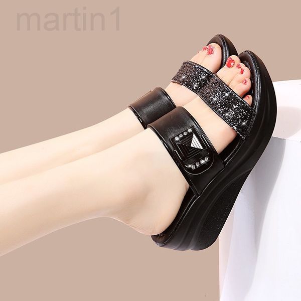 

slippers designer women's slope heel large 2021 summer new muffin flat bottom, wear slippers, comfortable and light sandals women085u, Black