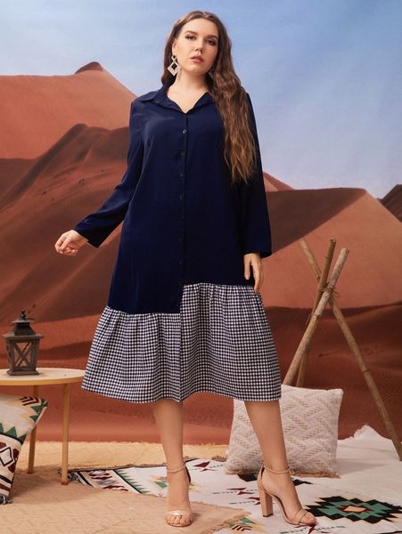 

plus gingham button front smock dress without belt p1kd#, Black