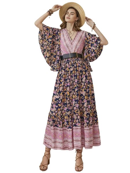 

rusttydustty floral print butterfly sleeve dress without belt c5ex#, Black;gray