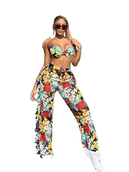 

floral ruffle trim push up bikini swimsuit with cover up o6db#, White;black