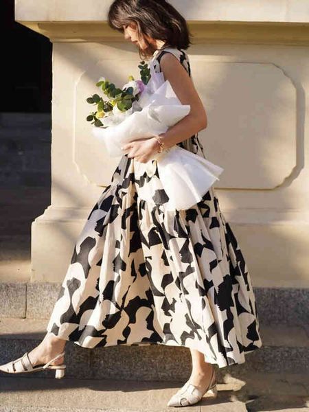 

casual dresses spring summer print style women's sleeveless dres, Black;gray