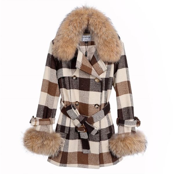 

korean version of autumn and winter raccoon fur collar woolen coat plaid coat slim woolen coat women winter 201215, Black