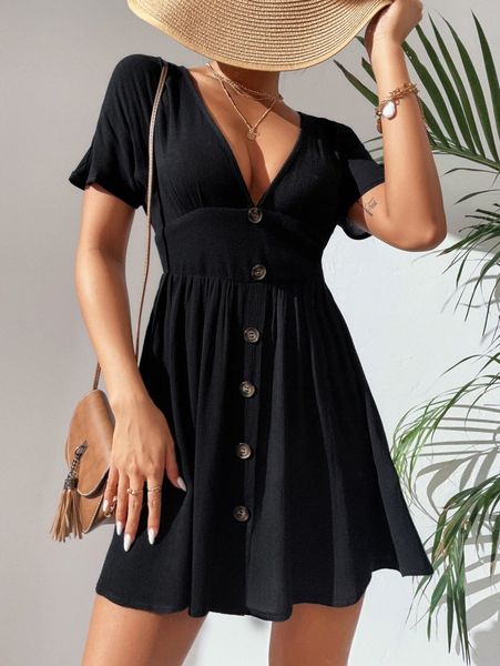 

petite fake button front deep v neck a-line dress 840w#, Black;gray