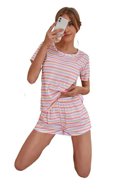 

colorful stripe print pajama set g380#, Black;red