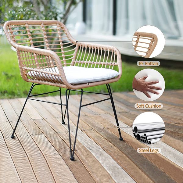 

balcony furniture, 3 piece patio set, outdoor wicker chairs with glass table and soft cushion, rattan front porch furniture