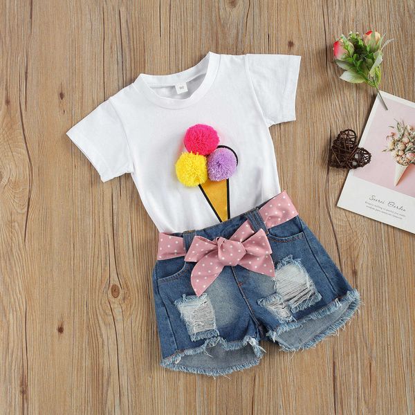 

1-6y fashion toddler kids girls summer clothing sets 3d ice cream short sleeve t-shirts belt denim shorts outfits, White