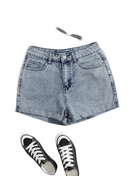 

zipper fly cuffed hem denim shorts n1d8#, White;black