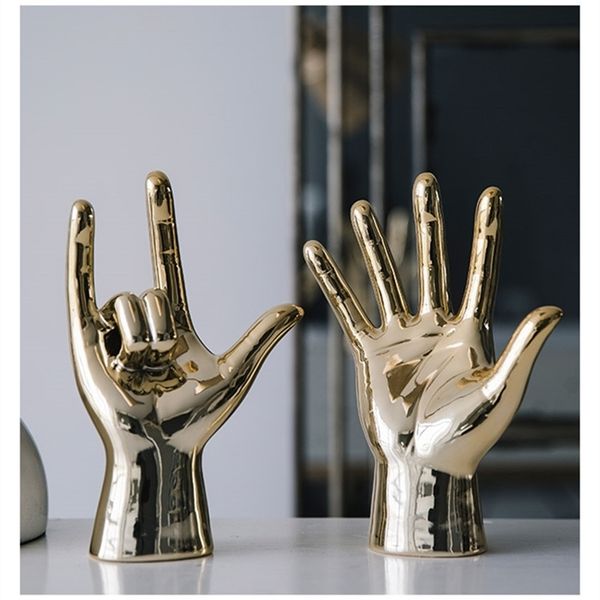 Nordic Kreative Vergoldung Finger Kunst Skulptur Abstrakte Geste Statue Keramik Handwerk Wohnzimmer Dekorationen Für Haus R3519 T200619