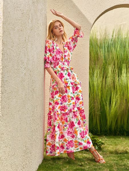 

floral flounce sleeve ruffle detail dress u0hx#, Black;gray