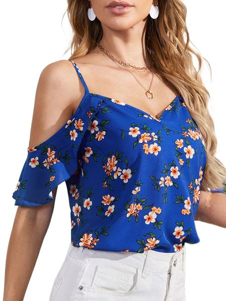 

cold shoulder ruffle trim floral print b9p6#, White