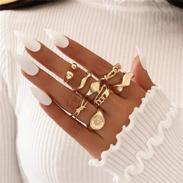 

modyle 7pcs set vintage gold thick chain open rings set for women geometric fashion simple bohemian twist ring trendy jewel 220718, Slivery;golden