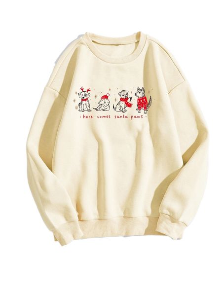 

christmas dog & slogan graphic thermal pullover 51hr#, Black