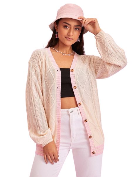 

striped trim drop shoulder cable knit cardigan o7gn#, White;black
