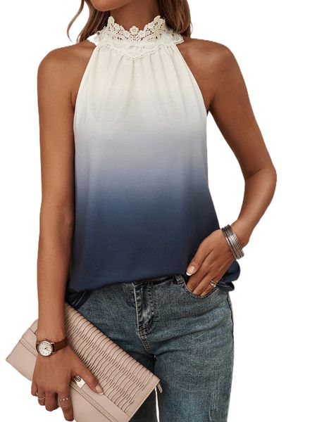 

ombre guipure lace panel keyhole back halter 124s#, White